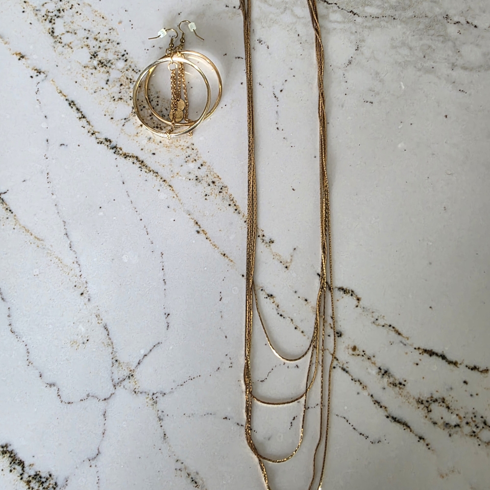 Twisted Silver Gold Necklace and Hoop Earrings Set